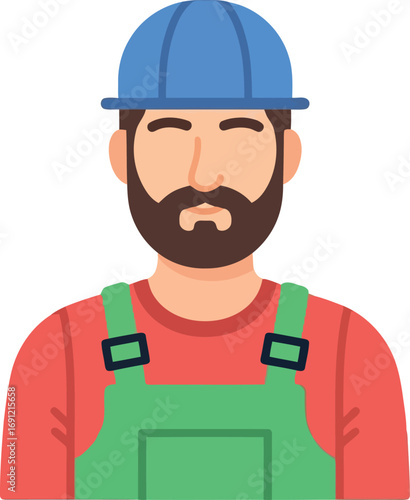 Professional construction worker handyman with beard wearing blue hard hat green overalls and red shirt vector