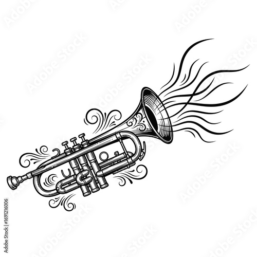 Ornate Trumpet Illustration with Sound Waves and Swirls