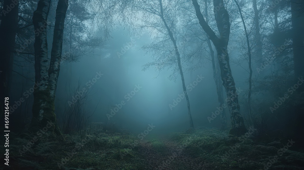 Fototapeta premium Mysterious Foggy Forest Path with Tall Trees and Soft Light
