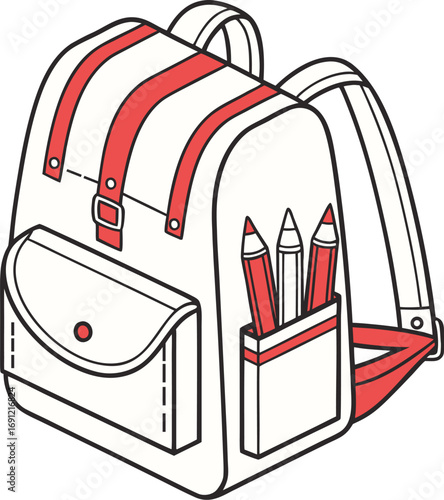 Classic red and white striped backpack with front pocket and straps