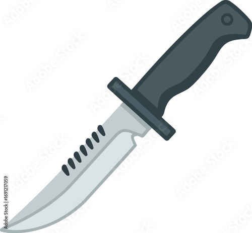Tactical survival knife rugged steel blade serrated edge dark handle vector