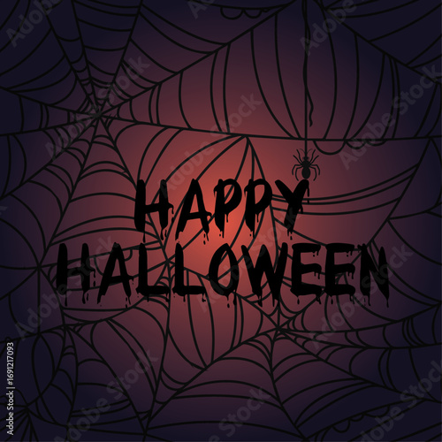 A spooky Halloween design featuring a dark spiderweb background with the text 'Happy Halloween' in a dripping font, ideal for festive decorations and themed events.
