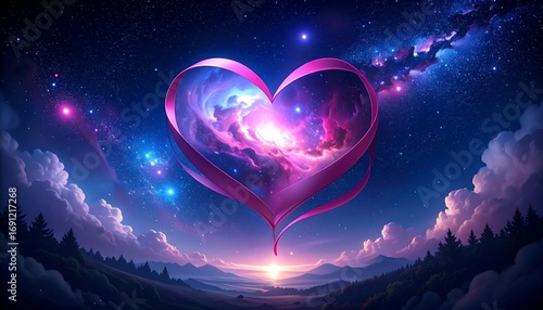 A stylized heart shape composed of ribbon reveals a galaxy of stars against a night sky with wispy clouds and distant hills silhouetted by a softly glowing horizon