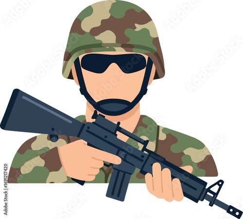 Modern soldier silhouette with rifle military uniform tactical gear combat ready professional vector