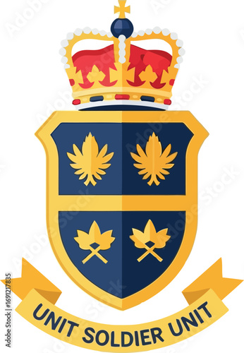 Royal crest emblem gold maple leaves shield crown military symbol unity vector