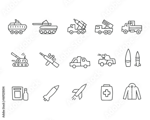 Set of line icons related to military aid to Ukraine. Support, help to ukrainian army. Collection of outline icons
