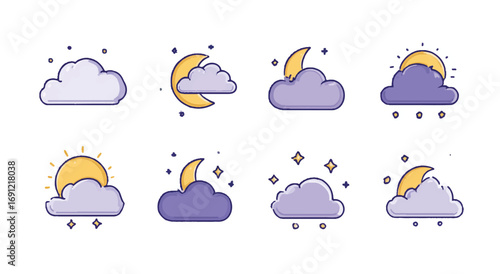 Weather Icons Featuring Cloud Sun Moon Stars and Rain Depicting Various Atmospheric Conditions and Weather Forecasts