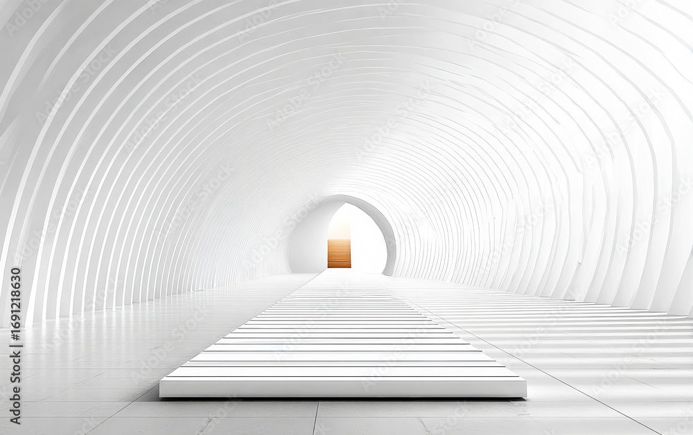 Obraz premium White curved tunnel with a bright end showing modern architecture