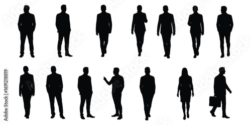 Collection of business people silhouettes in various poses on white background woman