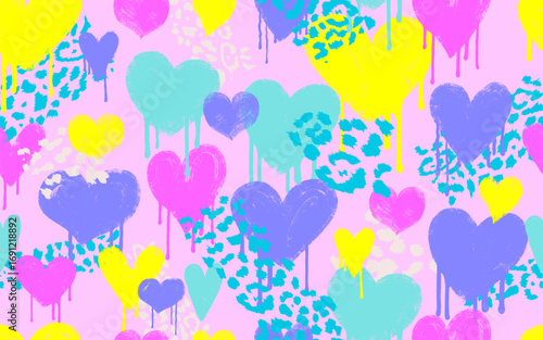 Seamless pattern abstract seamless chaotic leopard print with grunge hearts. Grunge texture background. Vector wallpaper for girls. Fashion style pattern. Animal print with bright neon colors hearts.