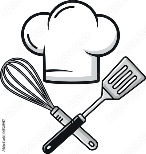Culinary chef hat whisk spatula crossed doodle icon kitchen cooking restaurant food service vector