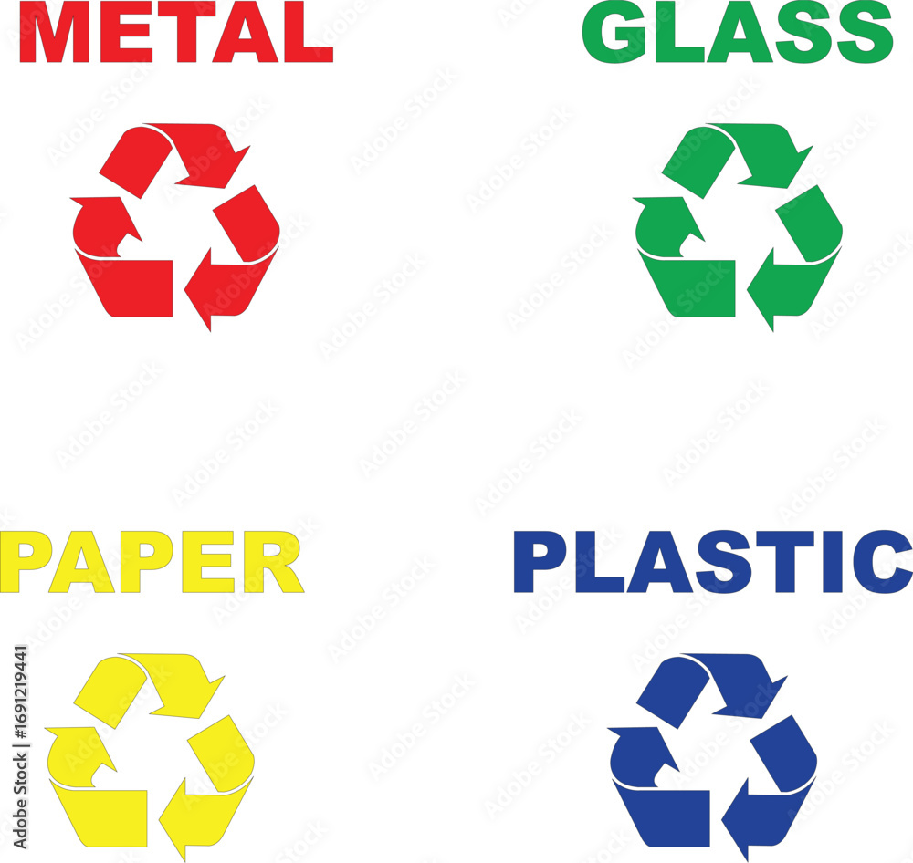 Obraz premium Recycling Symbols: A vibrant illustration of recycling symbols, showcasing metal, glass, paper, and plastic. Demonstrating the importance of environmental awareness and waste managementRecycling symbo