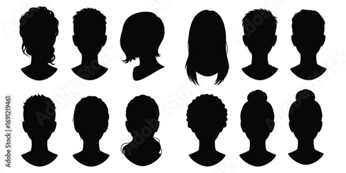 Diverse Black Silhouettes of Human Heads and Hairstyles on White Keywords: silhouette, head, human