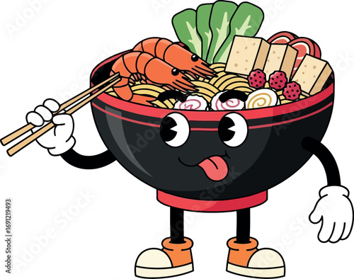 Whimsical animated noodle bowl character holding chopsticks vector