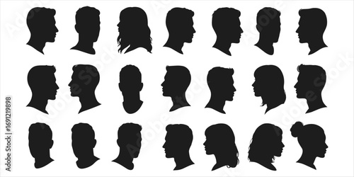Diverse male and female head profile silhouettes on a white background Keywords: silhouette, heads