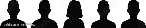 Five diverse human head and shoulder silhouettes on white background Keywords: human, silhouette, head