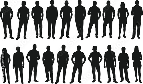 Group of male and female silhouettes in casual and business attire on white background people woman