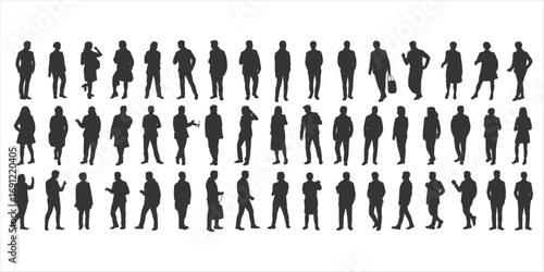 Large Collection of Diverse Human Silhouettes in Various Poses on White Keywords: silhouette, people