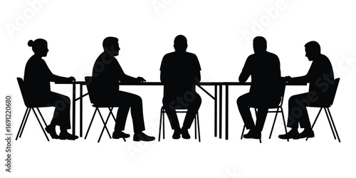 Silhouette of five people sitting around a conference table in a meeting Keywords: people, silhouette