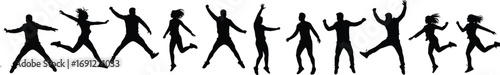 Silhouettes of eleven energetic people jumping and mid-air on white background vector illustration
