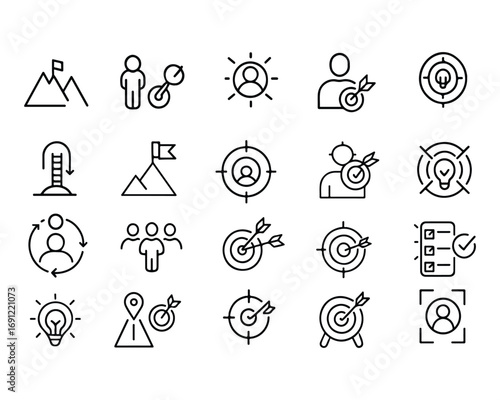 Set of outline icons related to aim, target, goal, achievement, headhunting, employment