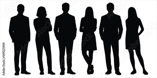 Silhouettes of seven diverse men and women in business attire standing Keywords: people, silhouette