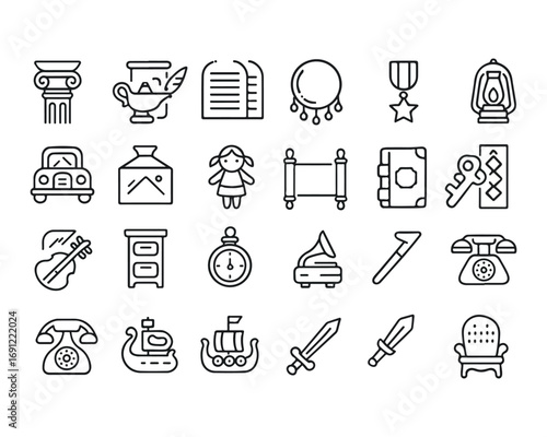 Set of outline icons related to antiques.Linear icon collection