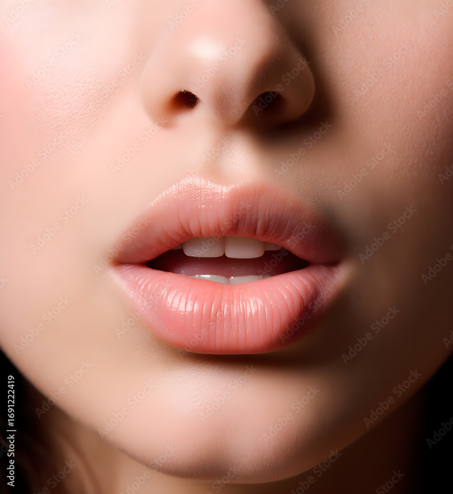Naklejka premium Close-up of female lips slightly open showing teeth, sensual expression