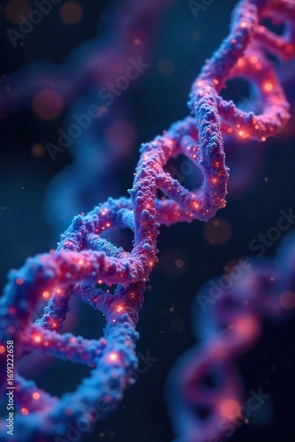 Close-up shot of DNA strands, glowing vibrant colors, representing genetic engineering and the manipulation of genetic code for scientific advancement , gene therapy, breakthrough, life science
