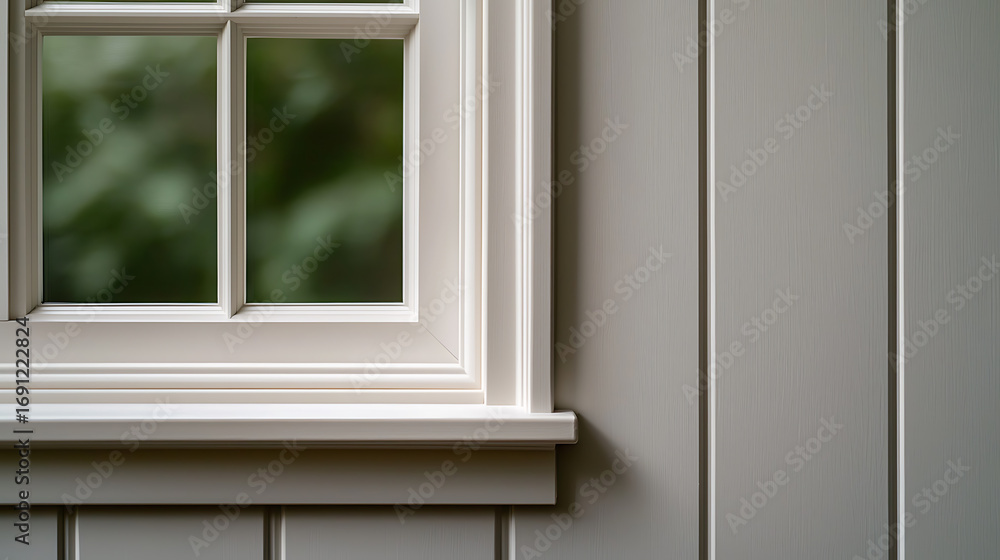 Fototapeta premium Window and Wall Detail: A serene glimpse through a white framed window complemented by textured wall panels. A study in light, shadow and architectural design.
