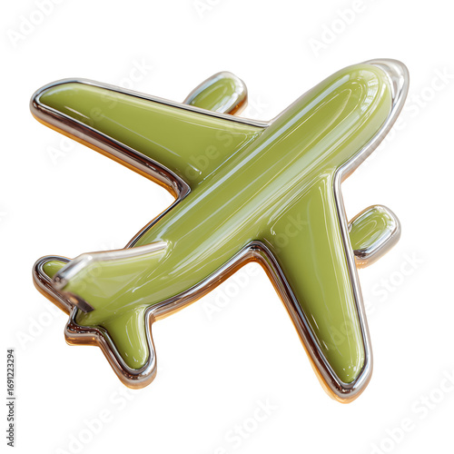 Green plane is glossy on white surface, creating a cartoon style, and is suitable for a background, wallpaper, or a poster.