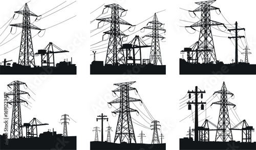 Industrial electricity pylons with cranes, high voltage transmission towers, power line infrastructure, energy distribution system vector silhouette illustration