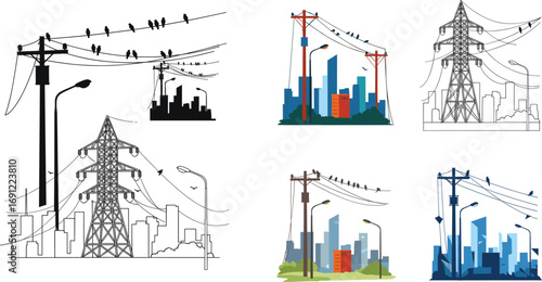 Electric power lines, utility poles, transmission towers, city skyline, street lamps, urban landscape, electricity distribution, infrastructure, birds