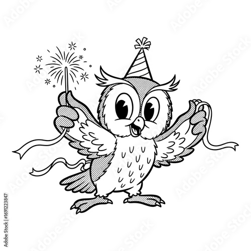 Cartoon Owl with Party Hat and Sparkler