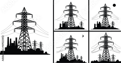 High voltage electricity towers, power plant silhouette, energy grid infrastructure, transmission lines, industrial factory background, urban distribution system