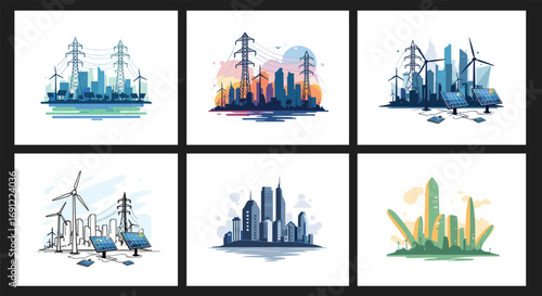 Modern eco city skyline with renewable energy, solar panels, wind turbines, smart green technology, futuristic sustainable urban architecture