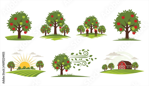 Apple orchard illustration, fruit trees with red and green apples, farm landscape, countryside harvest, nature scene, agriculture background