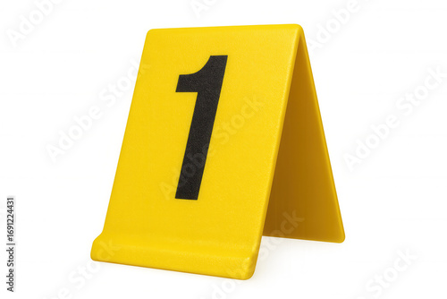 Yellow plastic number one evidence marker on a transparent background, useful for crime scene investigation and forensic science