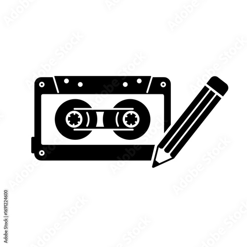 Audio cassette and pencil on transparent background