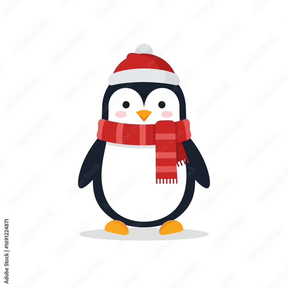 Fototapeta premium Cute Cartoon Penguin Wearing Red Hat and Scarf