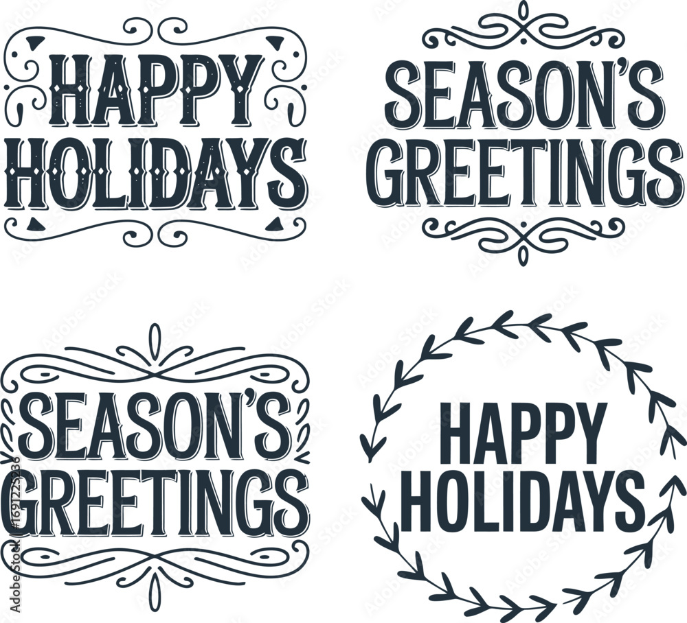 Obraz premium Four vintage style holiday greetings including happy holidays and seasons greetings
