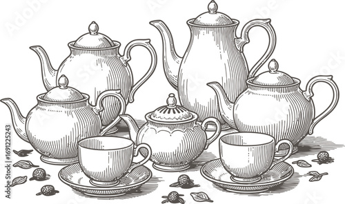 Vintage collection of ornate teapots and cups in a detailed hand drawn sketch style