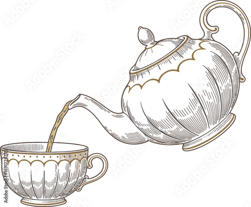 Vintage teapot pouring green tea into an ornate cup in a sketchy style
