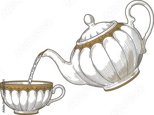 Vintage illustration of a teapot pouring hot tea into a decorative teacup