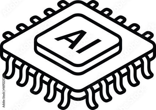Stylized isometric line art illustration of a computer microchip with ai symbol