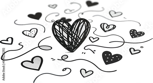 Hand drawn sketchy hearts and swirling lines in a playful doodle style on white background