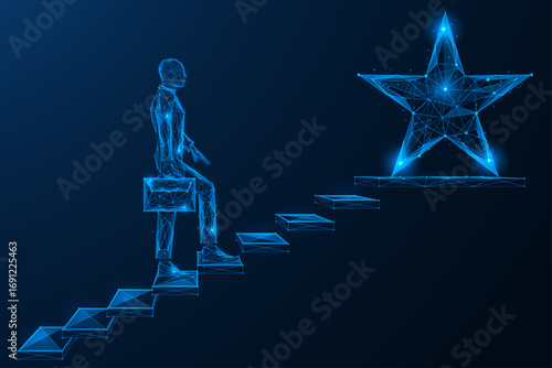 The path to the star. A man with a suitcase climbs the stairs from virtual platforms to a bright star. The concept of moving forward, career growth, achieving goals and striving for success.
