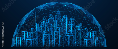 The digital dome of the city. A hemisphere rises above the skyscrapers, resembling a protective dome or network structure. Polygonal design of interconnected elements. Blue background.
