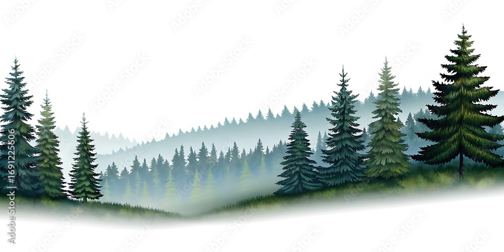 Obraz premium Dark mountain hills landscape with pine spruce trees isolated on a transparent background