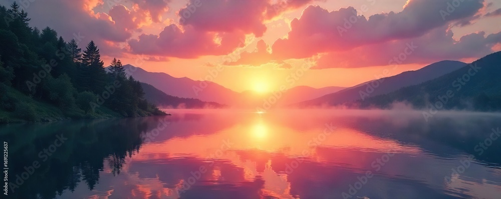 Fototapeta premium Serene sunrise over a tranquil lake, reflecting the peaceful, spiritual energy of nature Perfect for meditation, yoga, or mindfulness themes , mindfulness, serenity